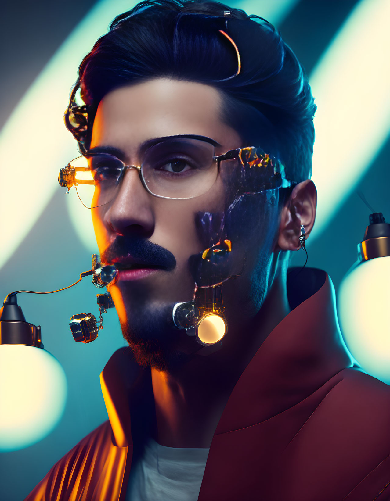 Man with mustache and glasses in red blazer, surrounded by floating light bulbs on blue-lit