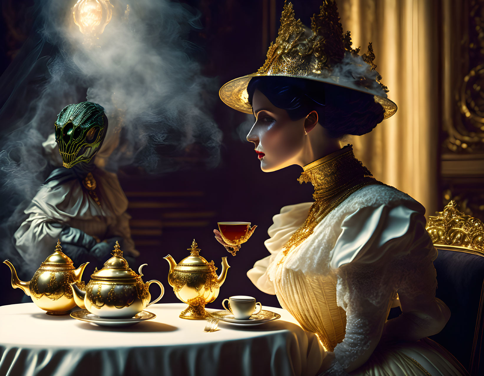 Victorian woman at table with tea set and masked figure in dimly lit room