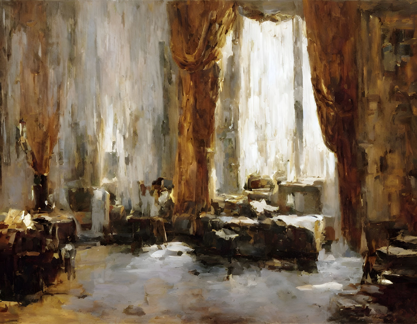 Sunlit interior painting with heavy drapes and personal items