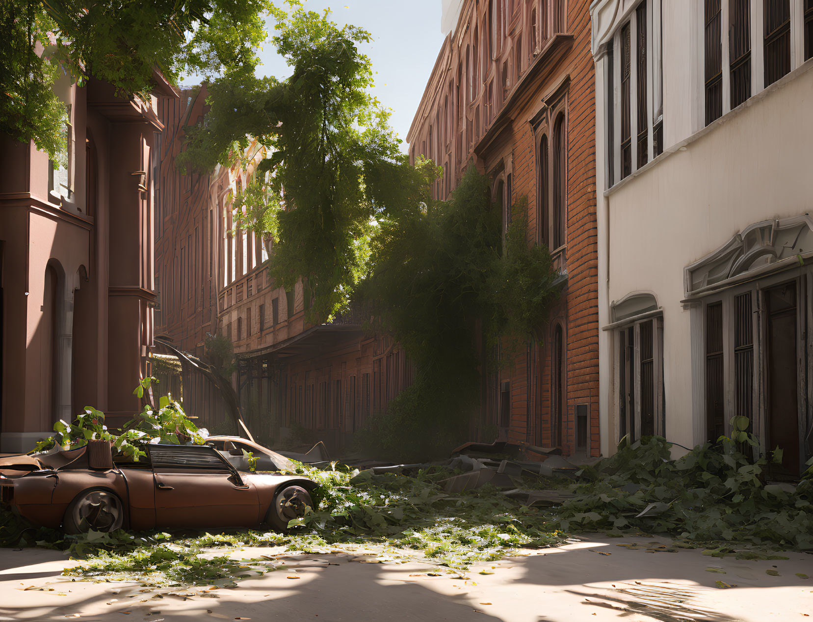 Deserted urban street with abandoned car and overgrown plants.