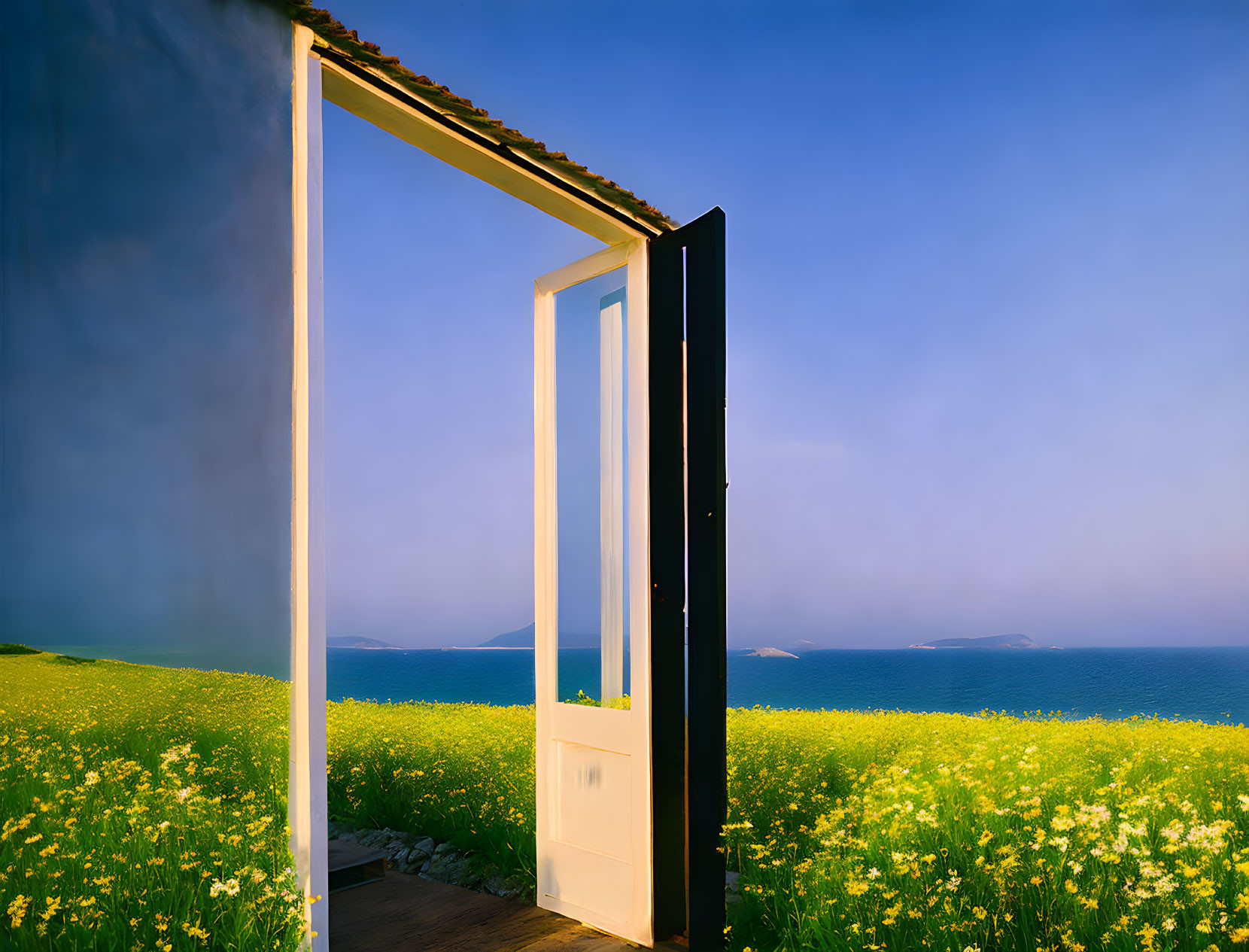 Blooming yellow flower field door overlooking serene seascape