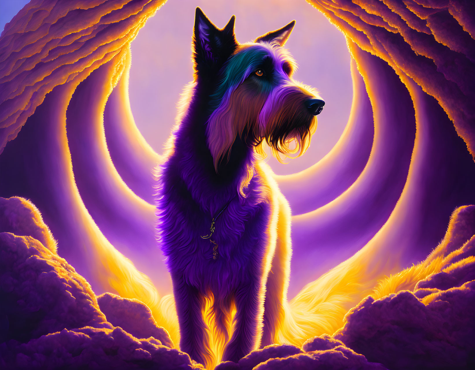 Majestic dog in mystical fantasy scene with swirling clouds