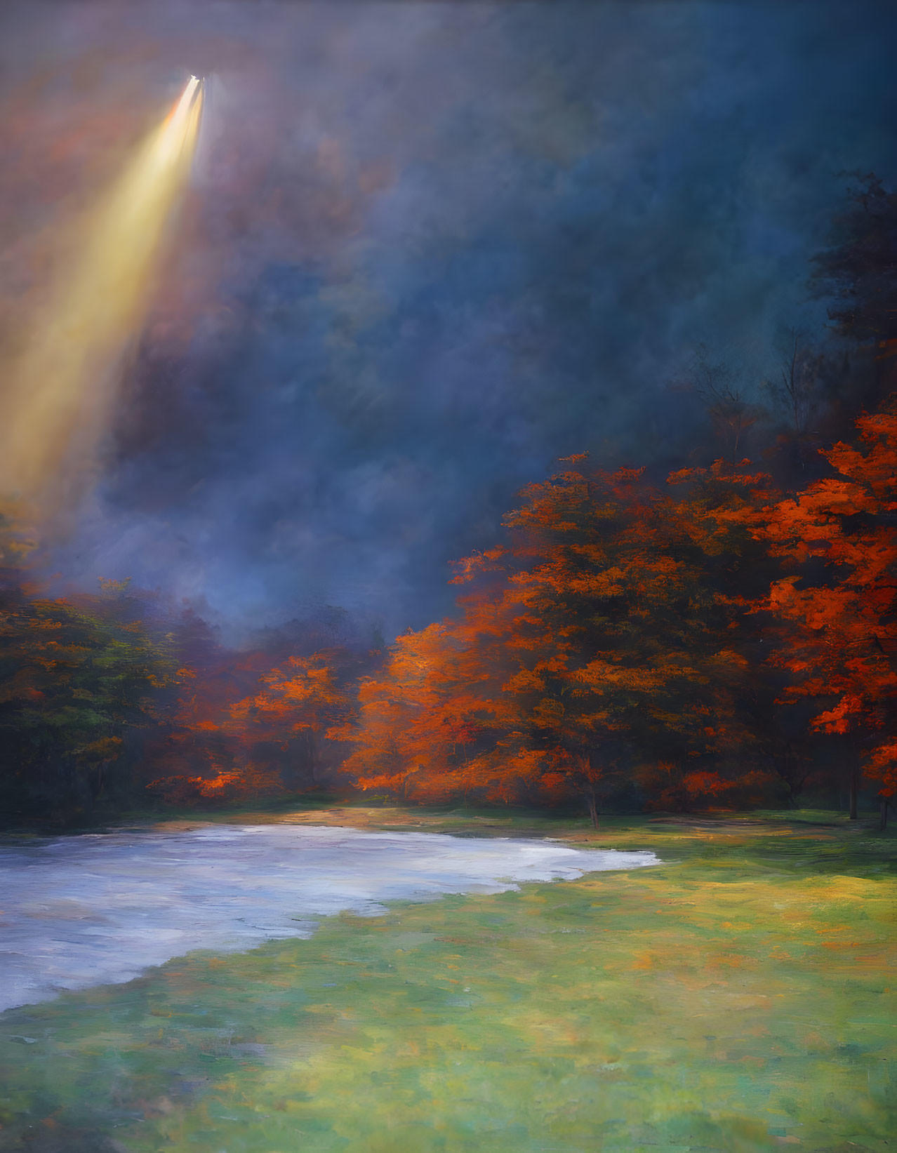 Serene river with autumn foliage and sunlight beam