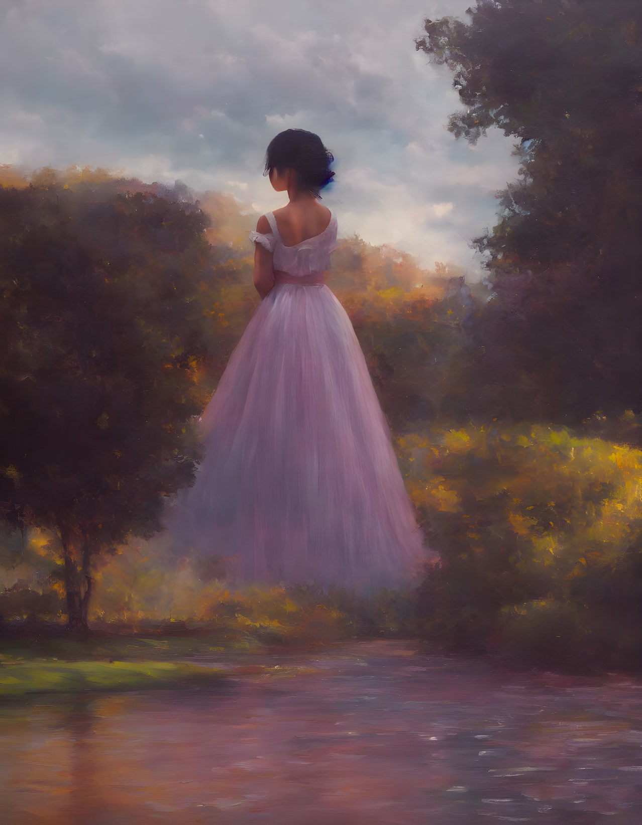 Woman in Pastel Purple Dress Admiring Autumn Landscape by River