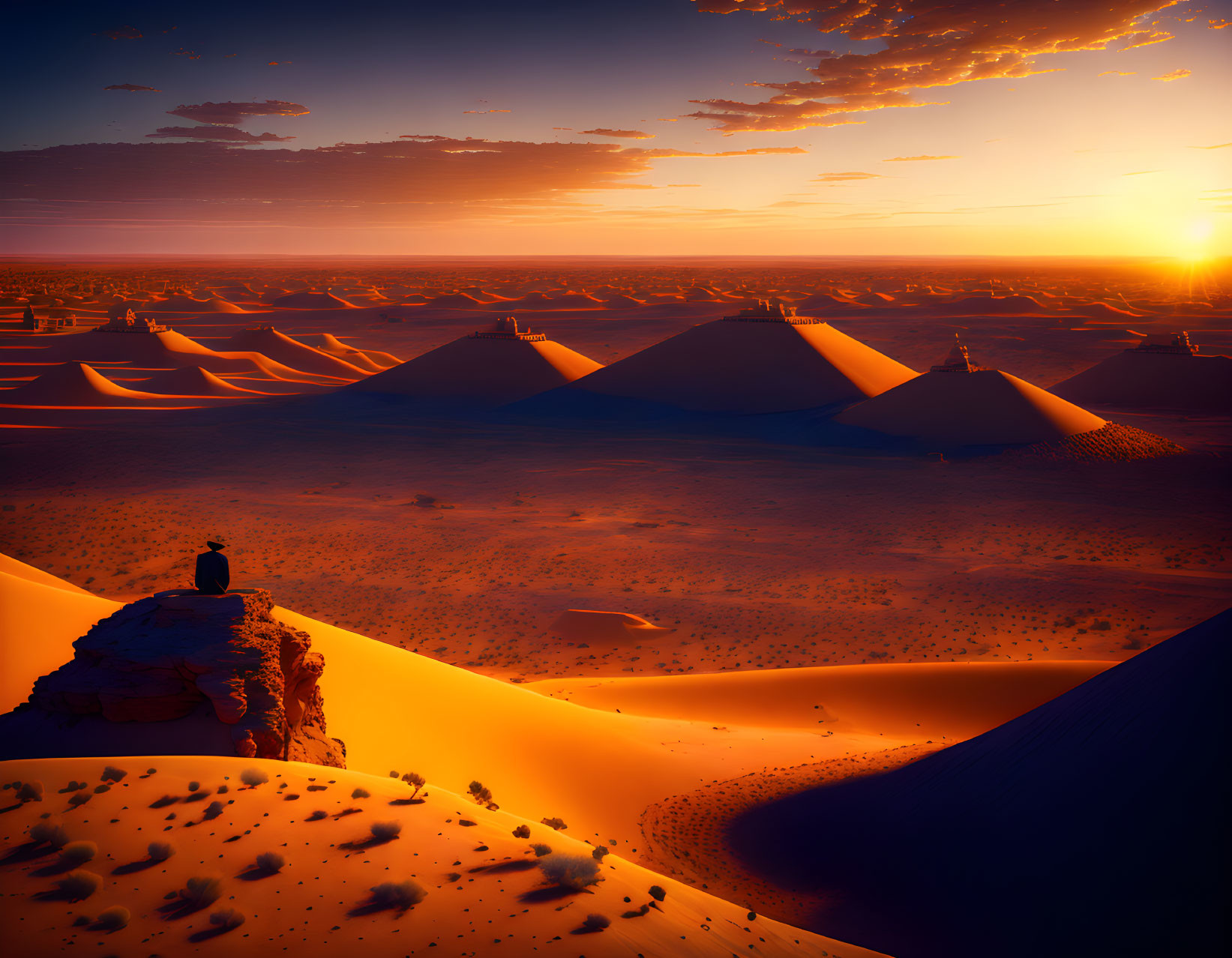 Person sitting on high dune edge, vast desert with rolling sand dunes, dramatic sunset in warm