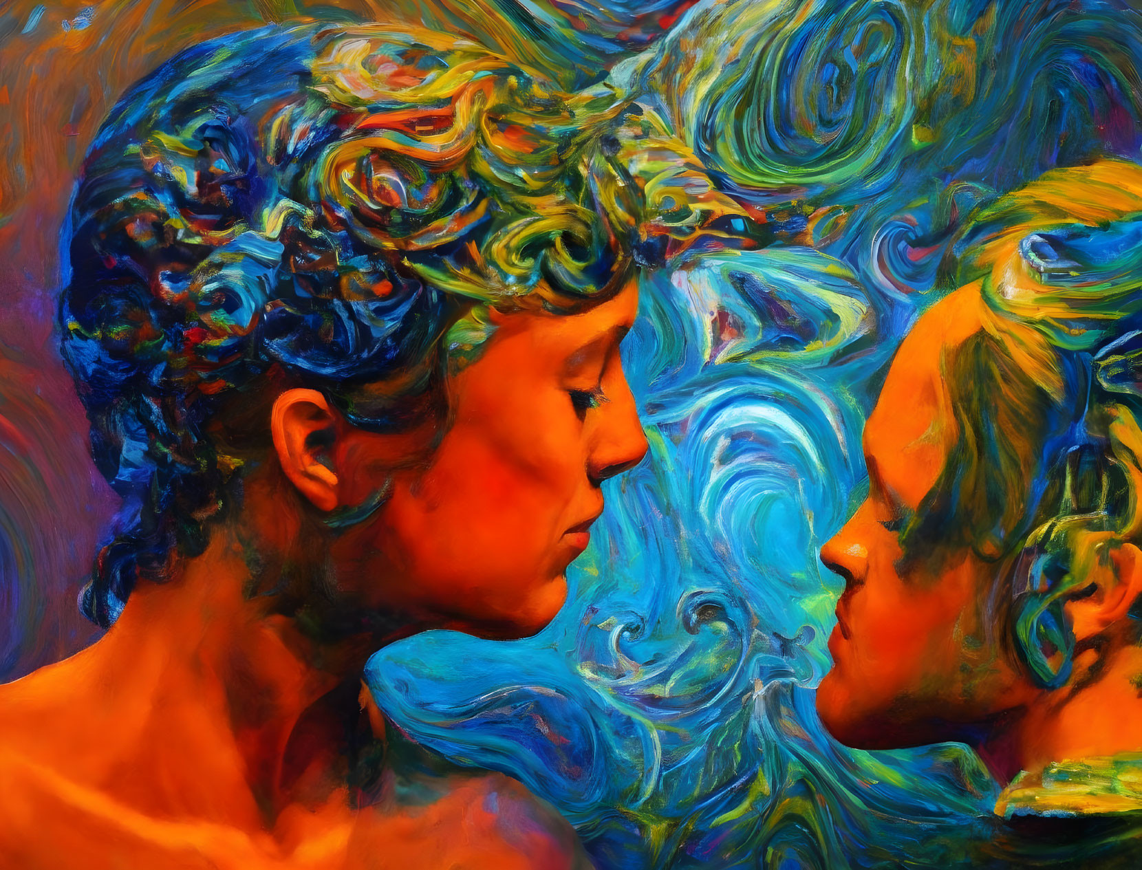 Colorful painting of two figures with swirling hair in intimate pose against abstract background