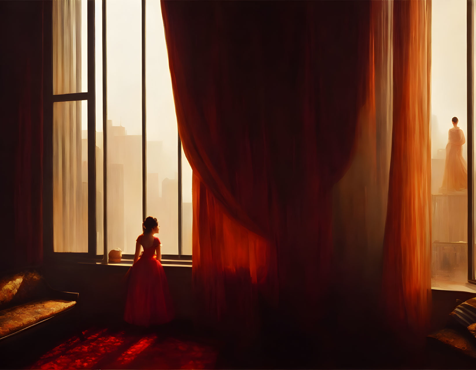 Woman in red dress by window overlooking sunny cityscape