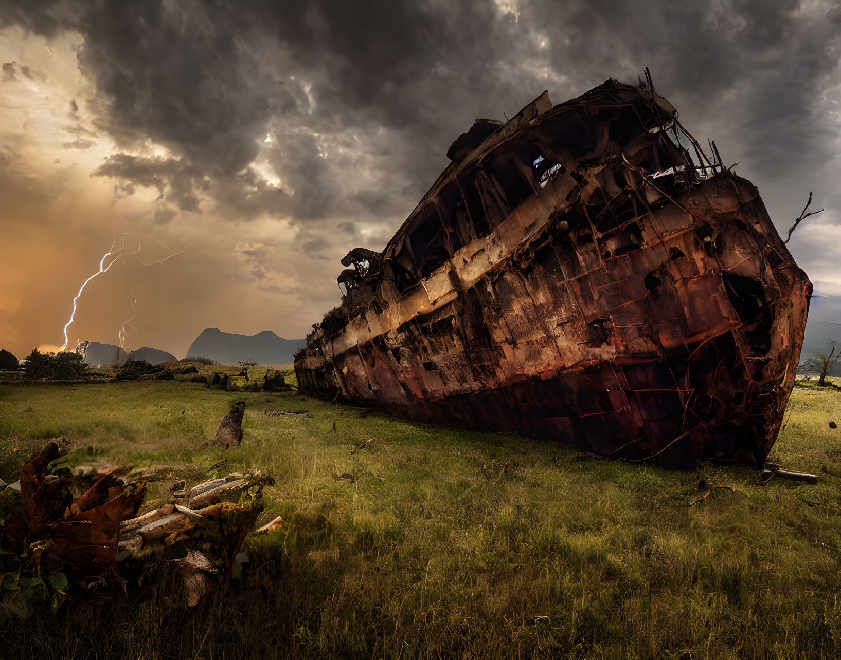 Rusty shipwreck in grassy field under dramatic sky