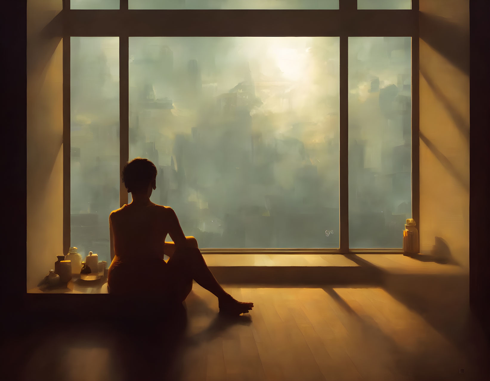 Person admires city skyline at sunset through large window