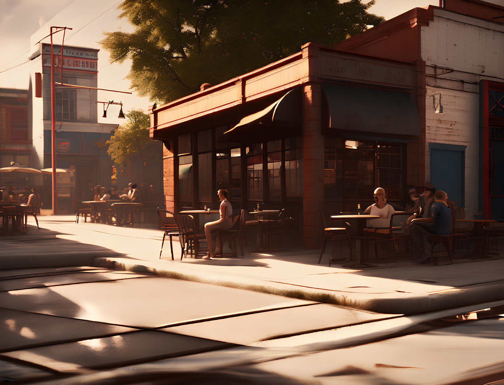 Warm Sunset Glow Over Street Café with Tram Tracks and Red Cinema Marquee