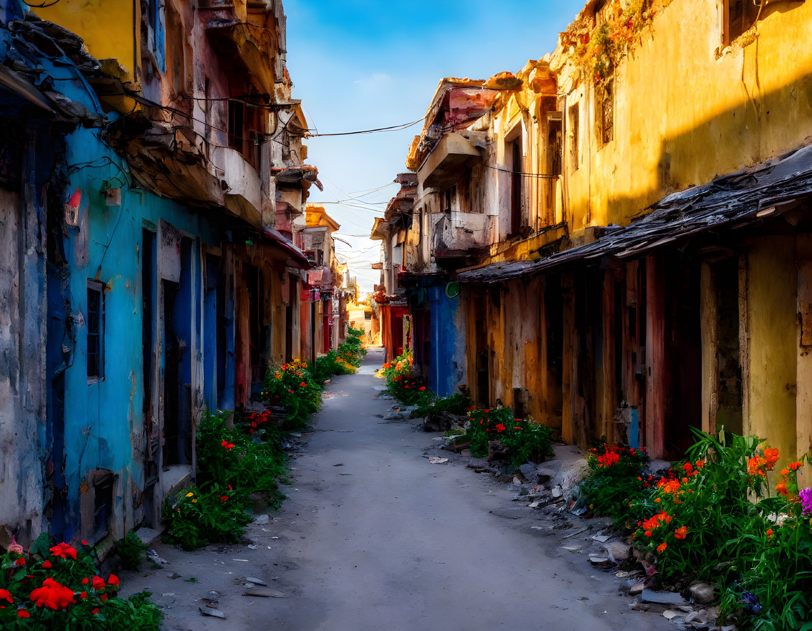 Colorful dilapidated buildings line narrow lane with flowers under clear sky