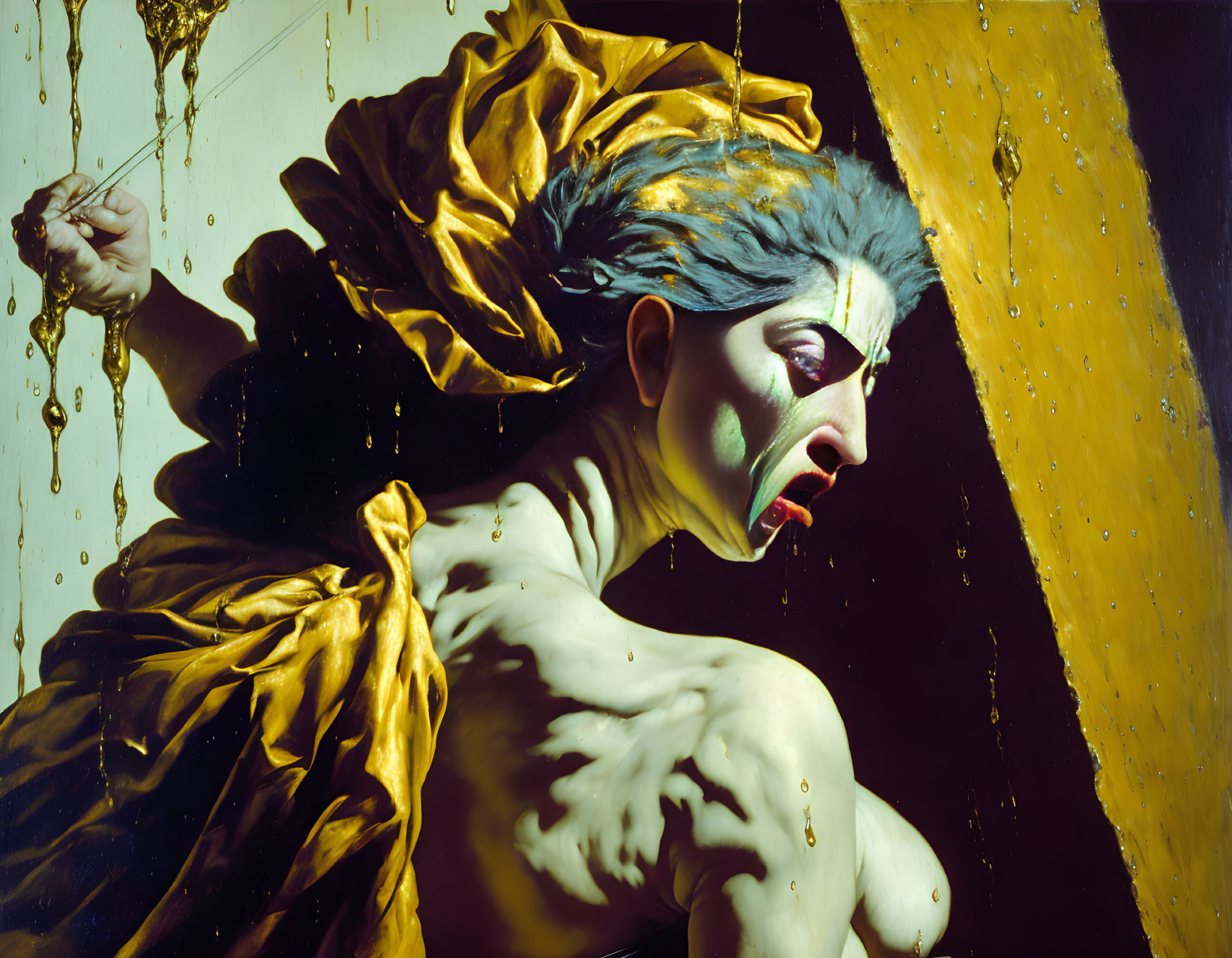 Dramatic portrait of person with theatrical makeup and gold fabric against dark backdrop