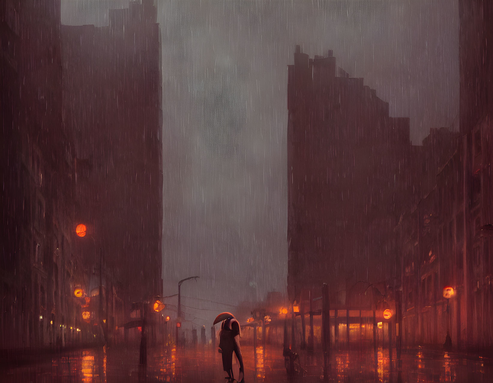 Couple embracing under umbrella on rain-drenched street with glowing streetlights