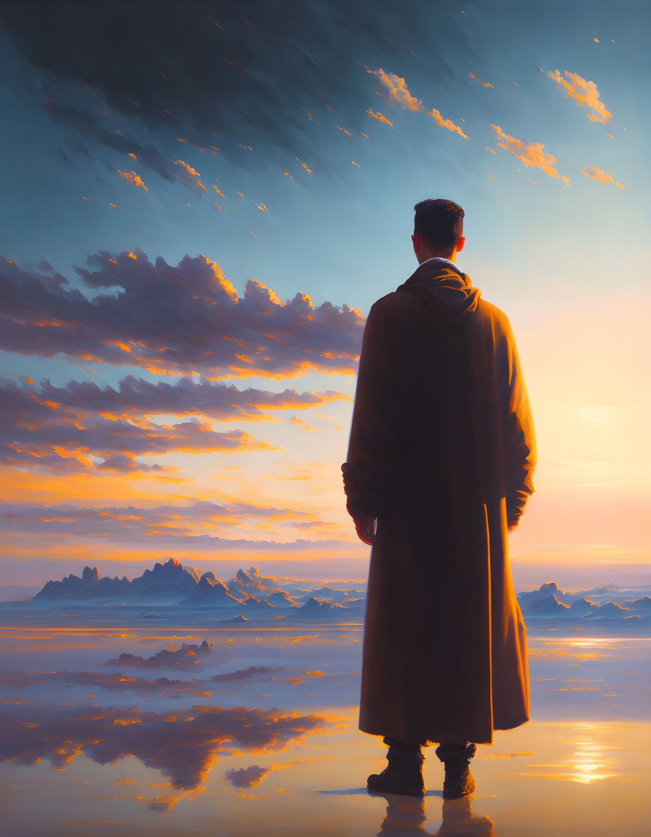 Figure in coat gazes at reflective water, sunset sky, mountains