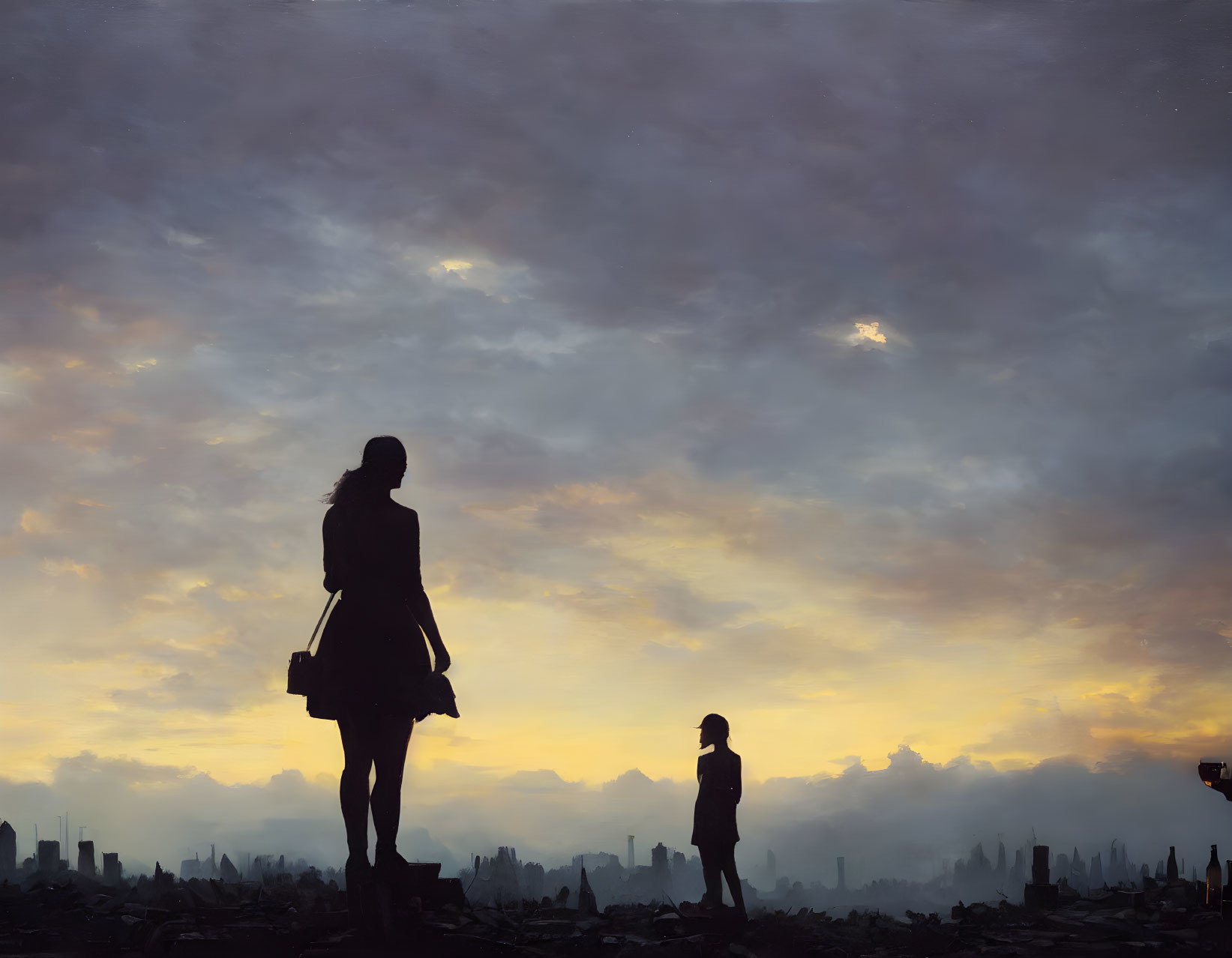 Adult and Child Silhouettes at Sunset with Cityscape Outline