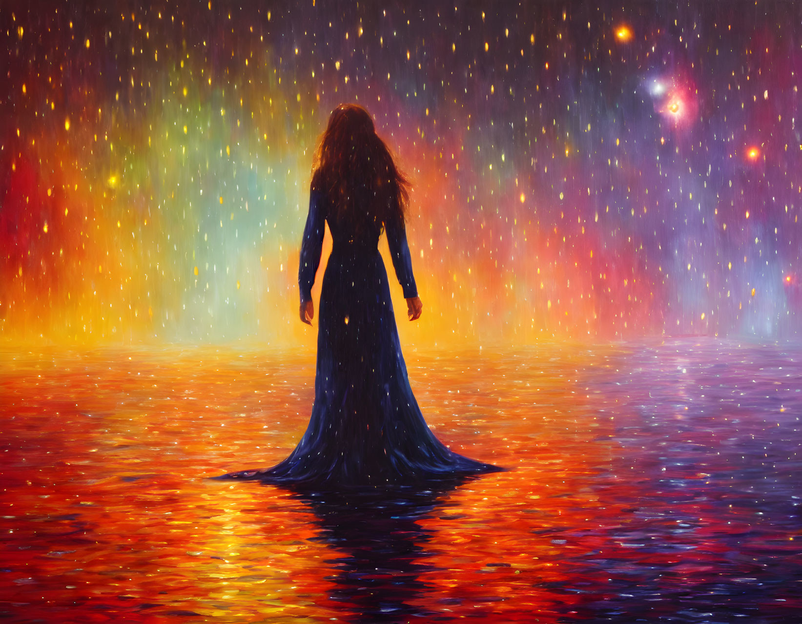 Long-haired person in surreal, luminescent landscape with star-like lights and warm color gradient.