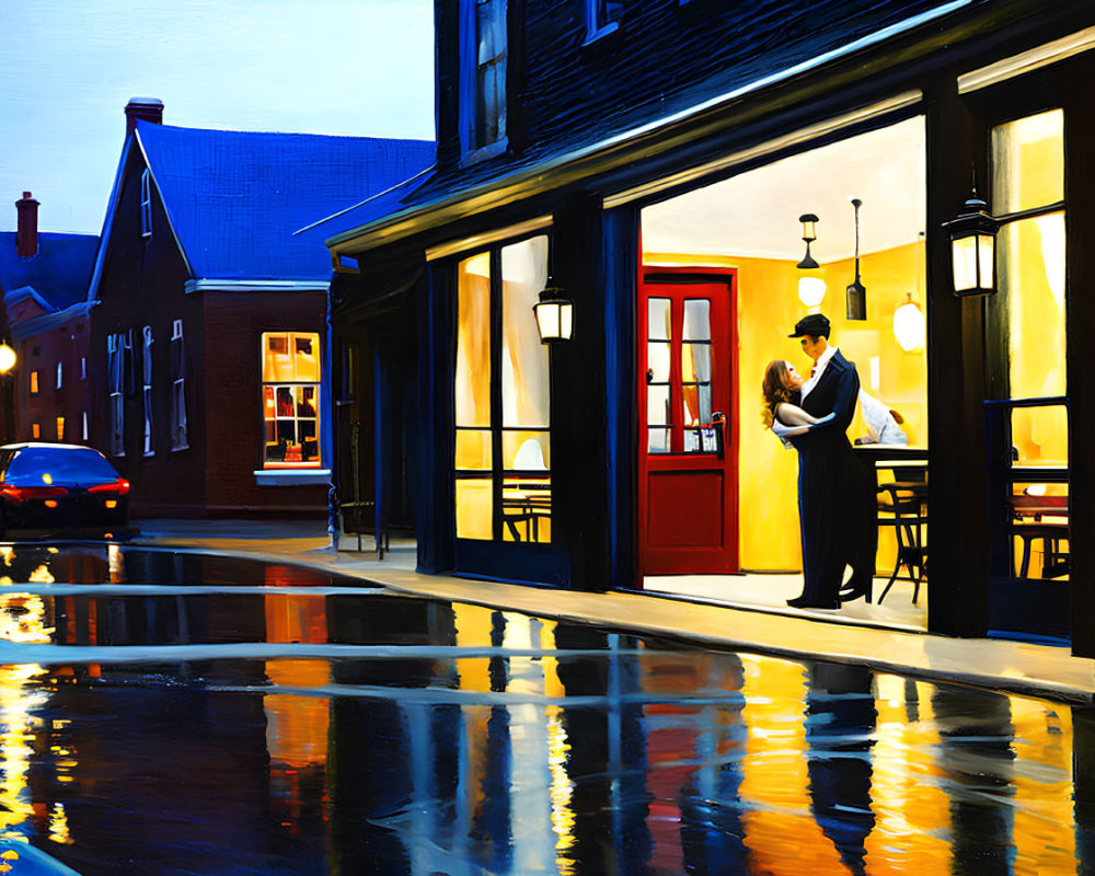 Colorful street painting at dusk with wet pavement and storefront person reading.