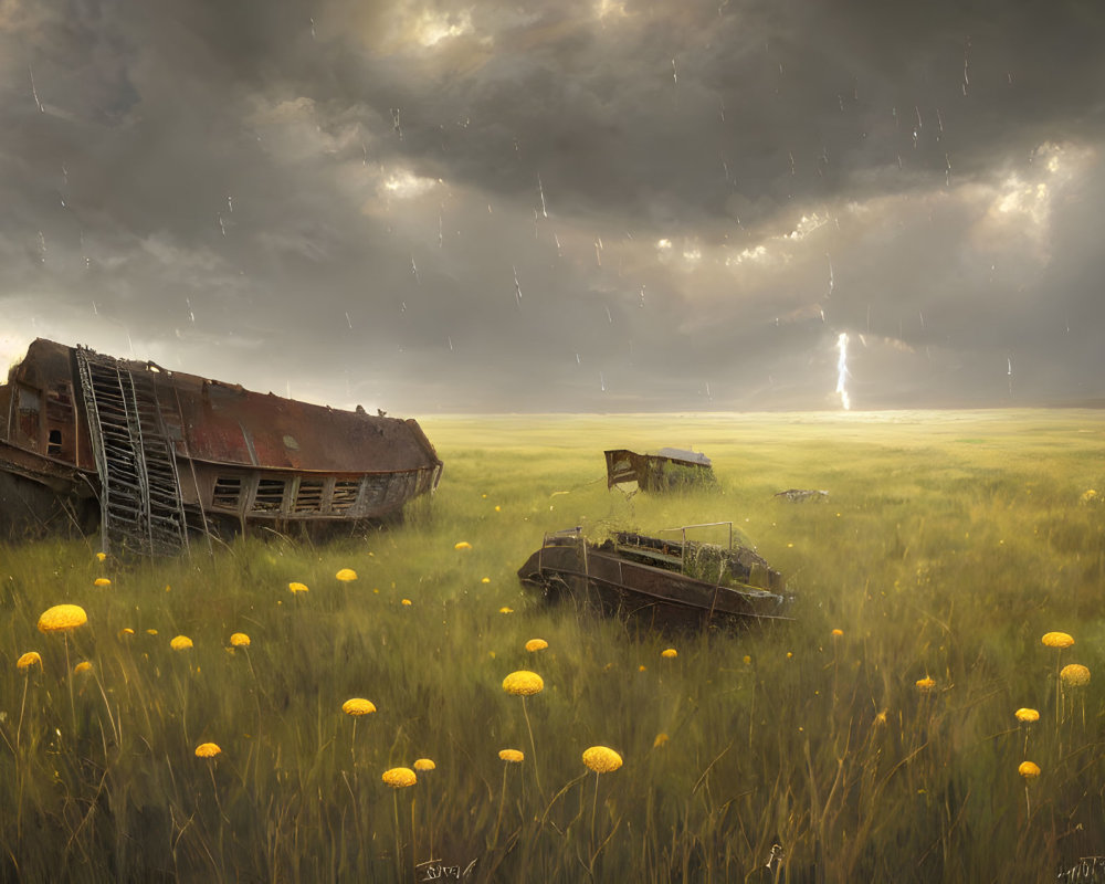 Dramatic shipwrecks in tranquil field with lightning, rain, and yellow flowers