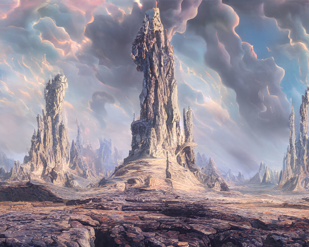 Panoramic fantasy landscape with towering spires and dramatic sky