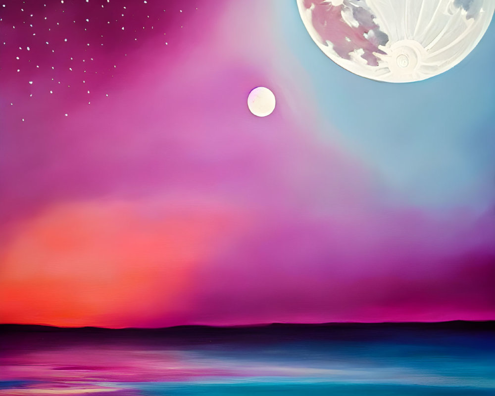 Colorful Seascape Painting with Large Moon and Starry Sky