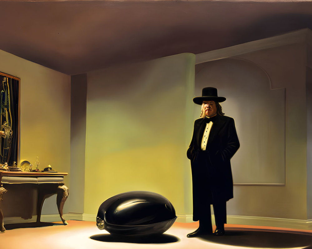 Man in formal black suit and top hat with shiny black egg-shaped object in room