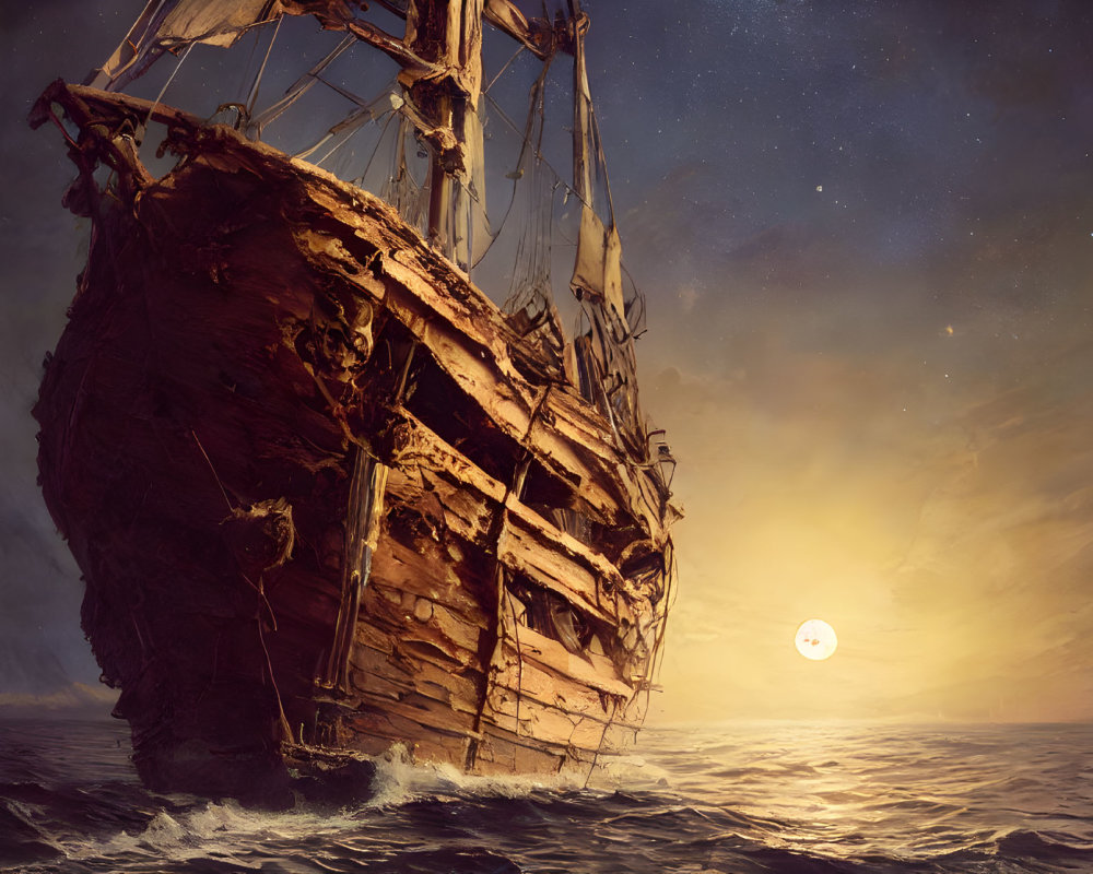 Weathered sailing ship with torn sails at sunset on starry sea.