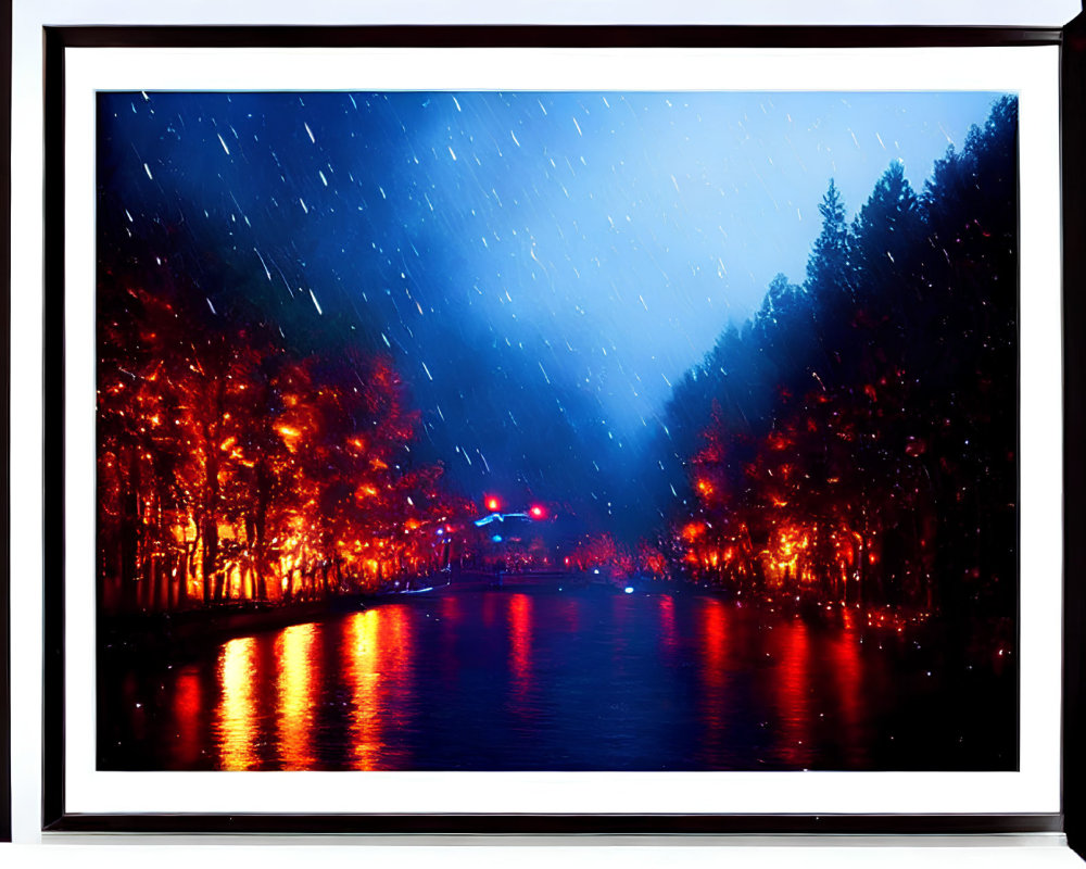 Luminous nighttime scene with trees along riverbank under star-streaked sky