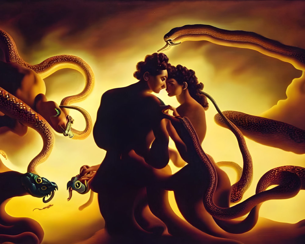 Entwined figures embrace amidst serpentine creatures in warm sunset scene