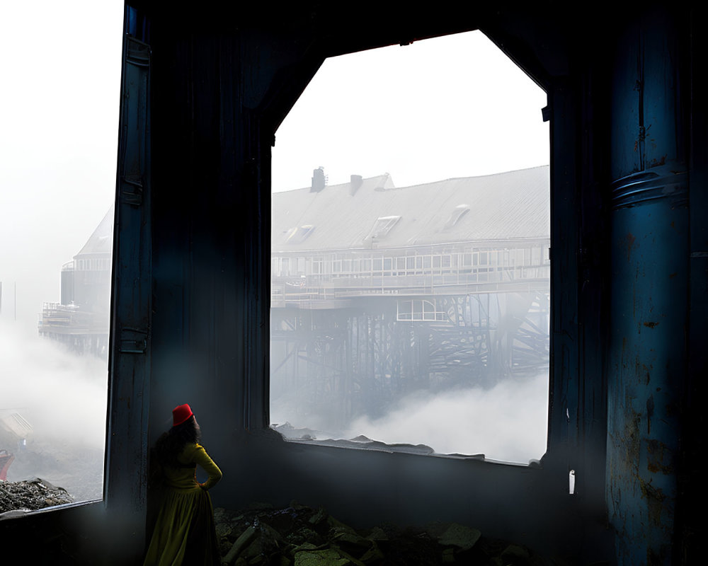 Person in Yellow Hat by Blue Doorway in Foggy Scene