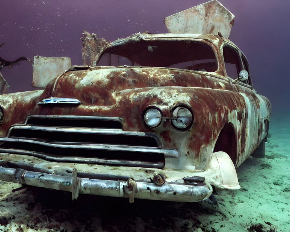 Vintage Car Submerged Underwater with Corrosion and Marine Growth