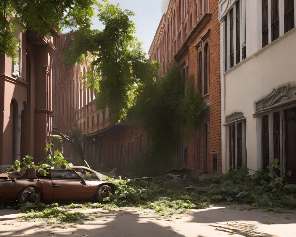 Deserted urban street with abandoned car and overgrown plants.