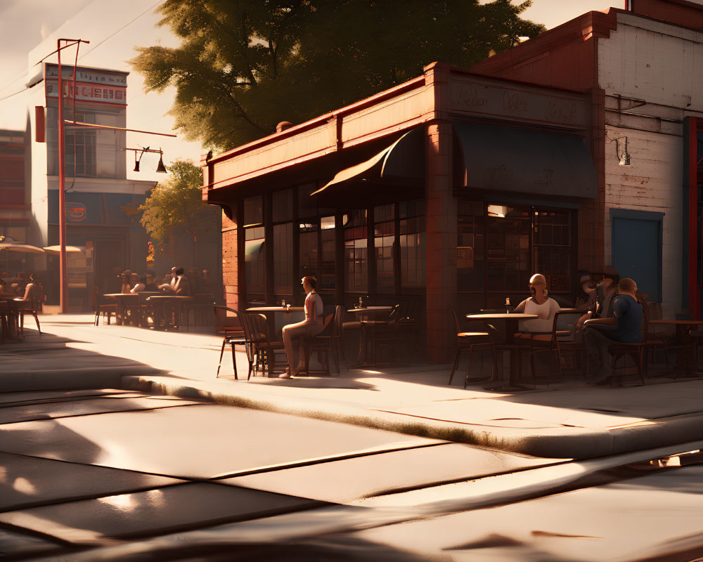 Warm Sunset Glow Over Street Café with Tram Tracks and Red Cinema Marquee