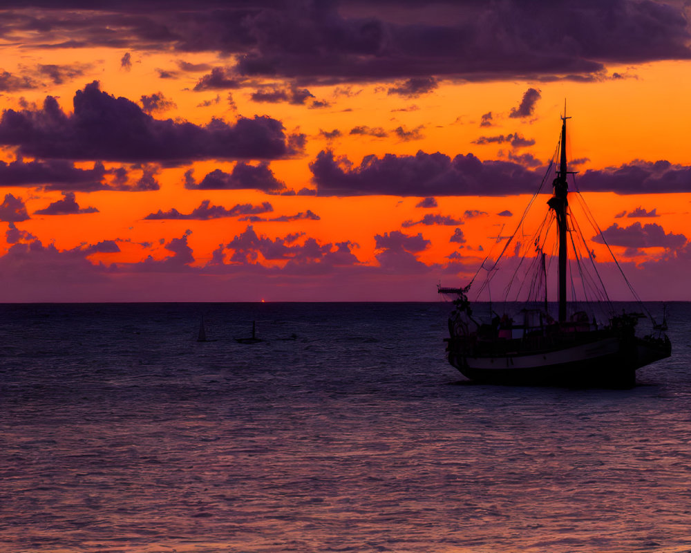 Sailboat silhouette on vibrant orange and purple sunset sky