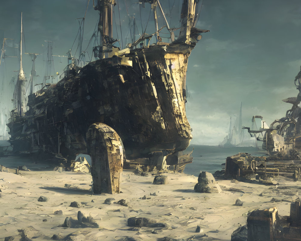 Abandoned ships and machinery in sandy post-apocalyptic scene