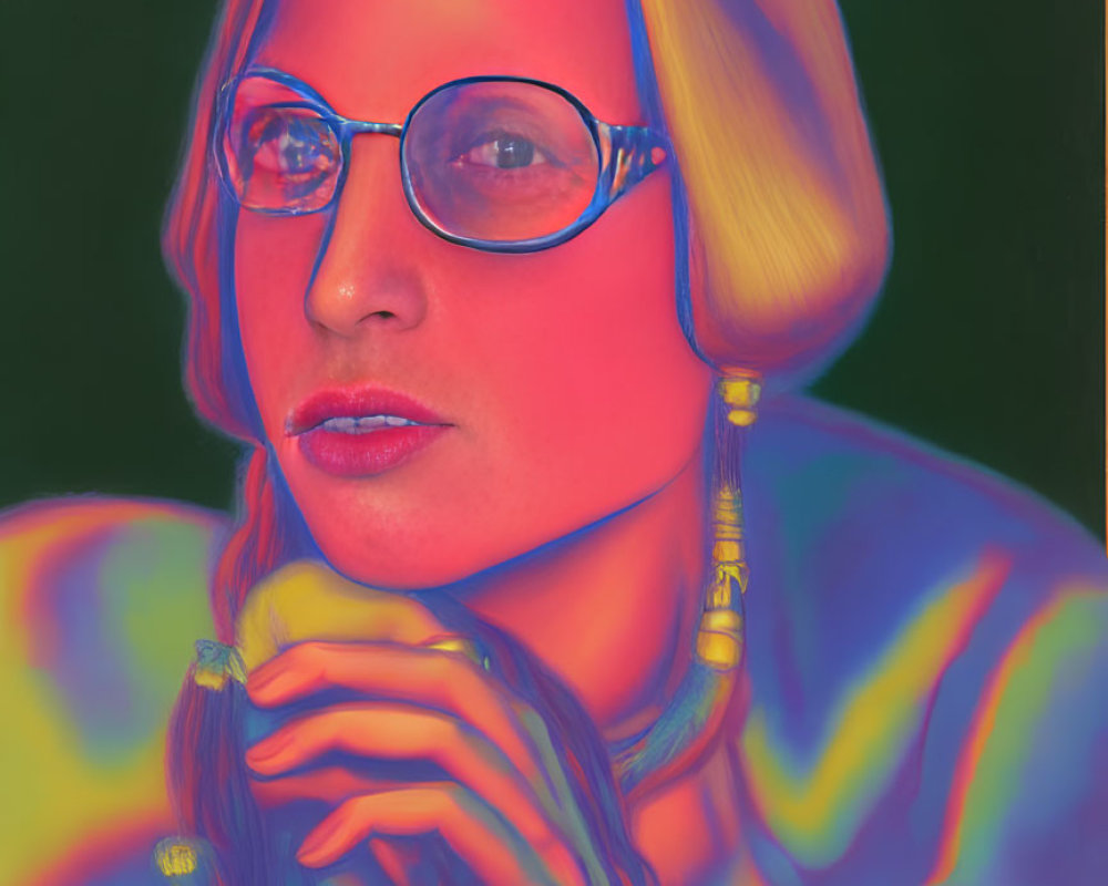 Vibrant neon colored stylized portrait of a person with glasses