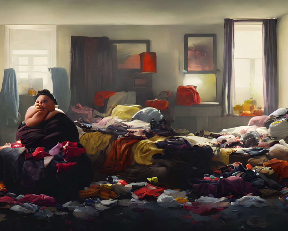 Contemplative person surrounded by colorful clutter in dimly-lit room