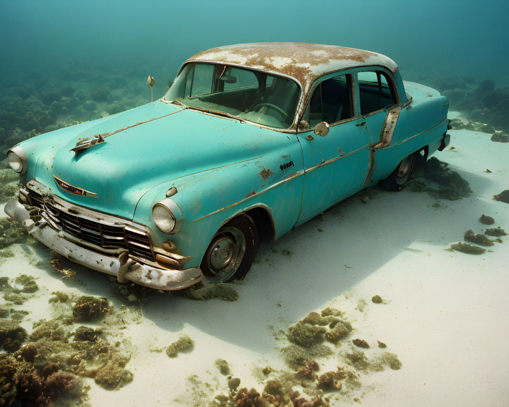 Abandoned turquoise car with rusty roof on sandy seabed surrounded by marine life