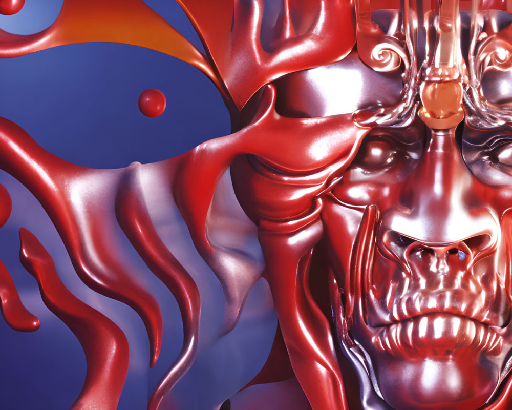 Metallic red lion face in abstract 3D art with fluid shapes and orbs on blue background