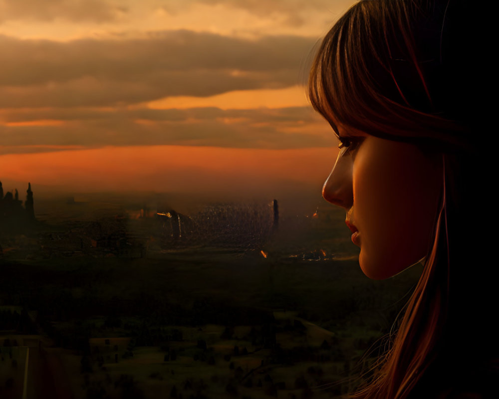 Profile View of Woman Against Sunset with Fantasy Landscape and Glowing City Lights