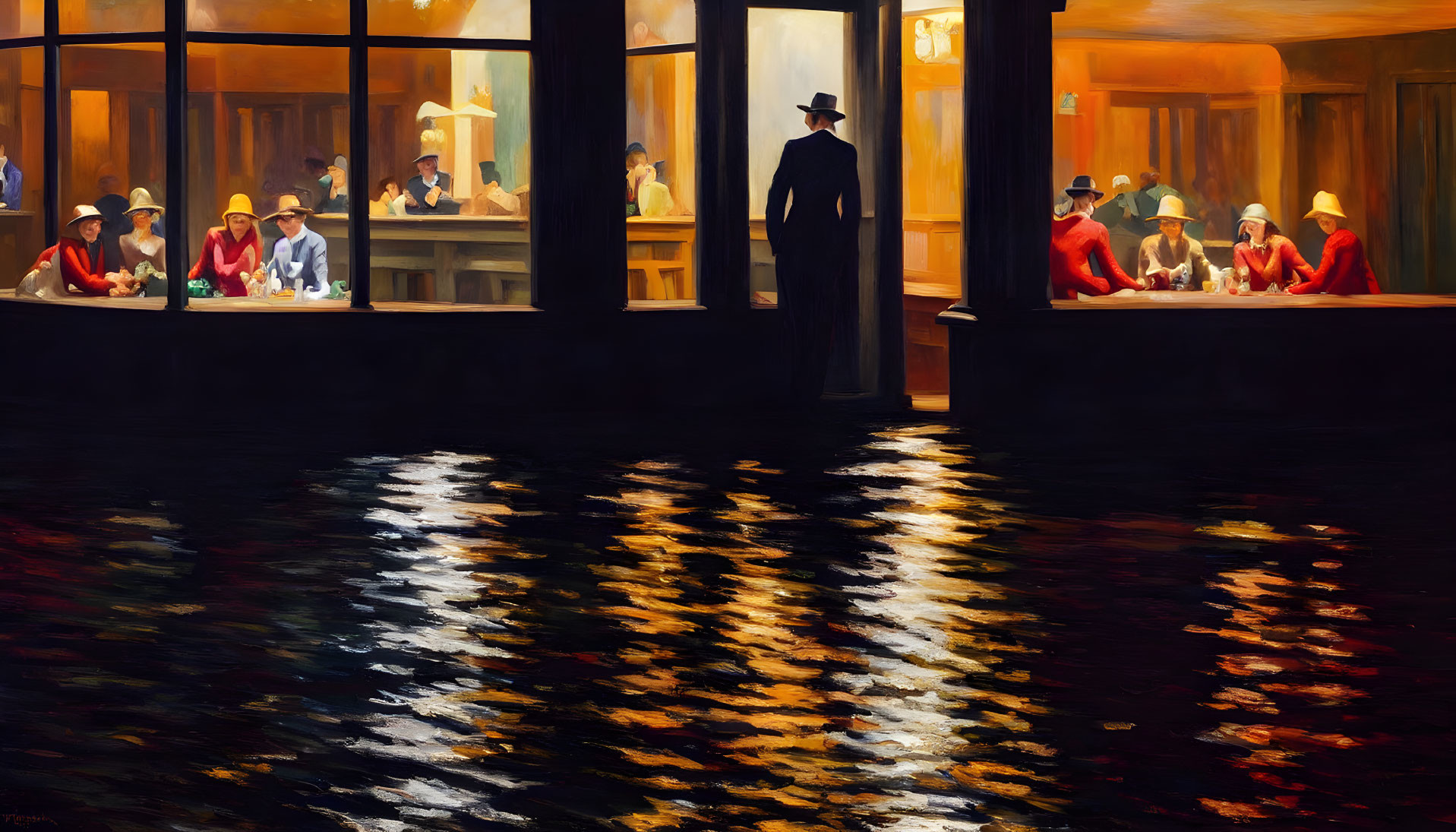 Man in dark suit gazes at lively diner on pier at night