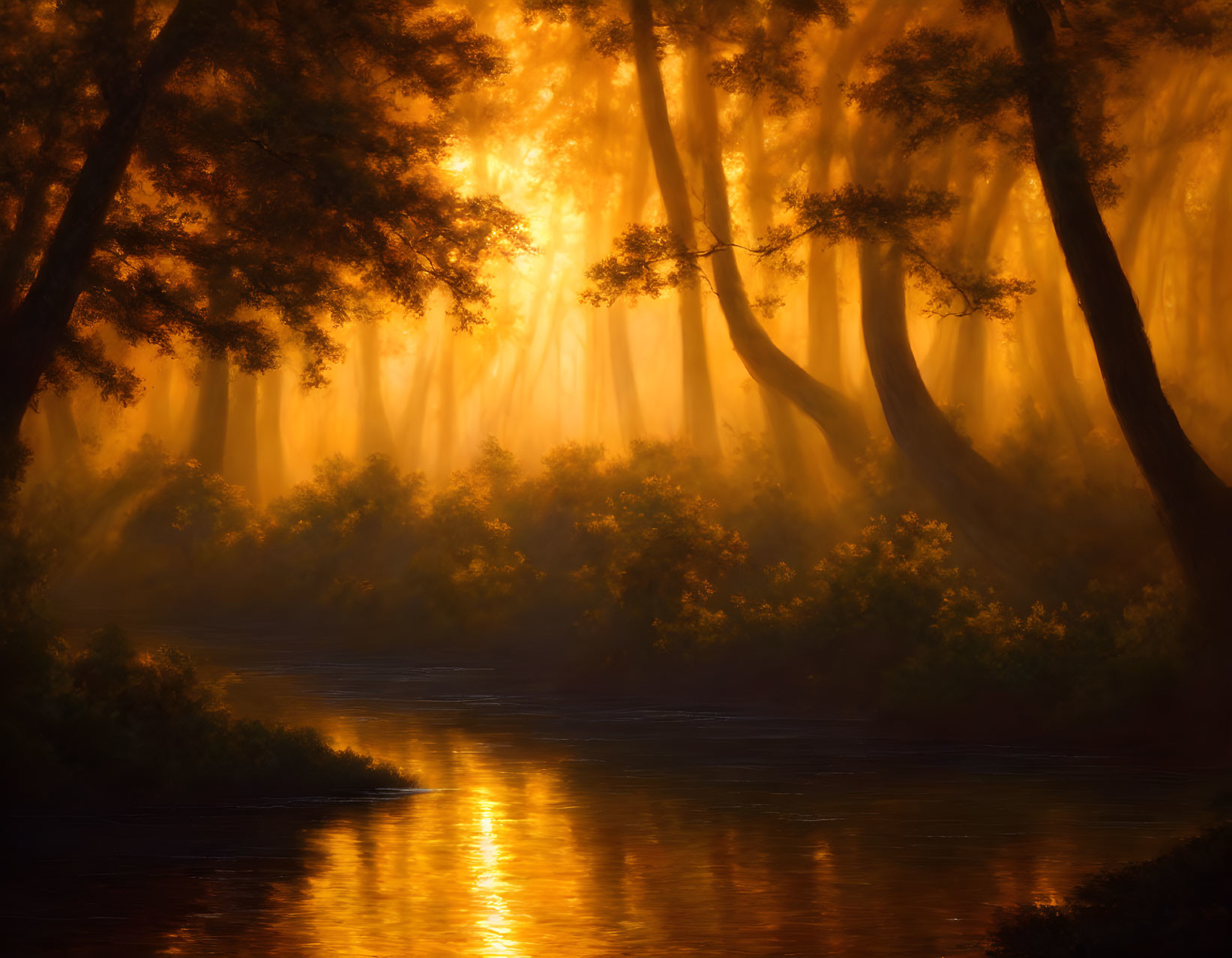 Sunlit forest with misty river and trees