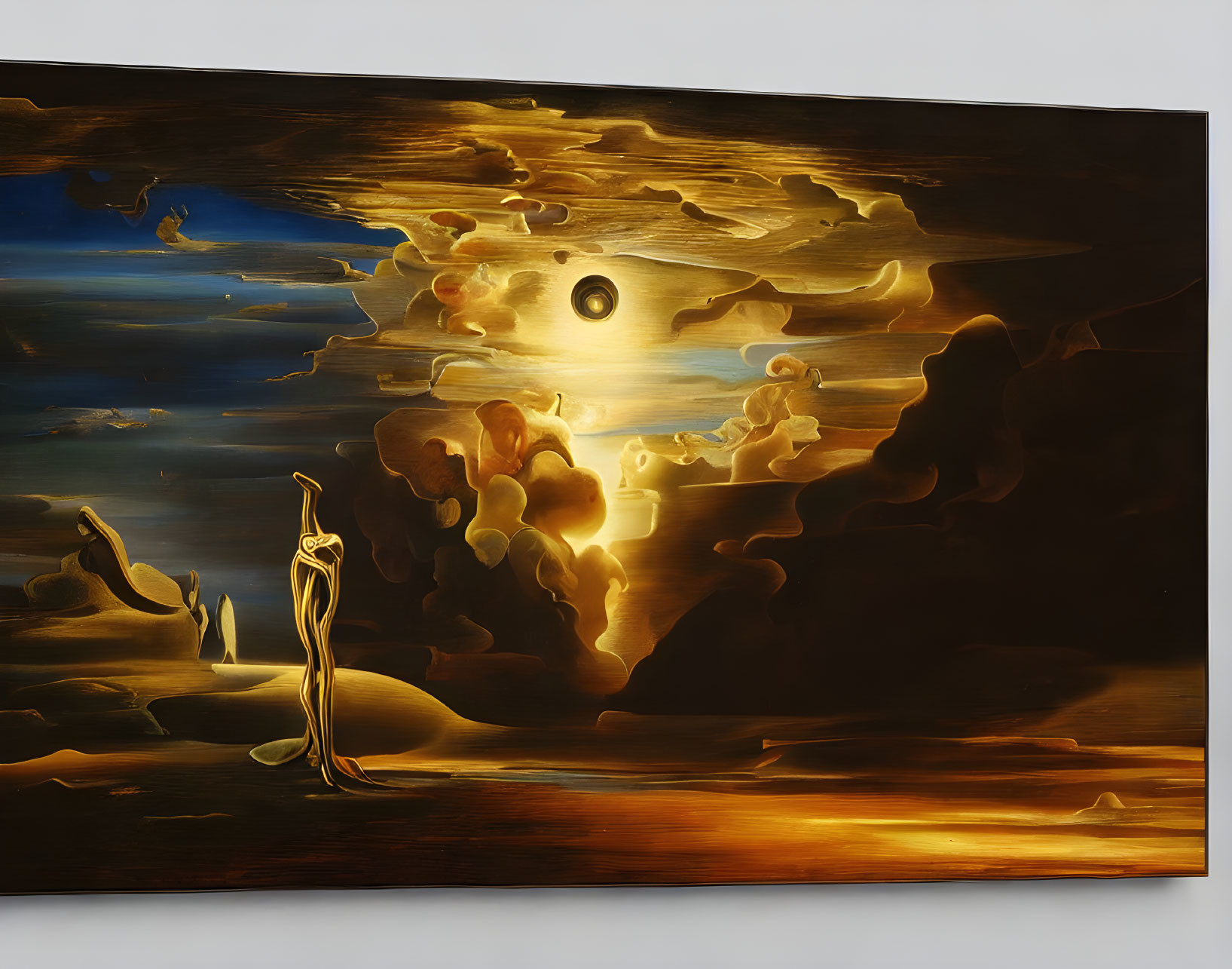 Surreal painting: Melting clocks, distorted forms, golden sky, eclipse