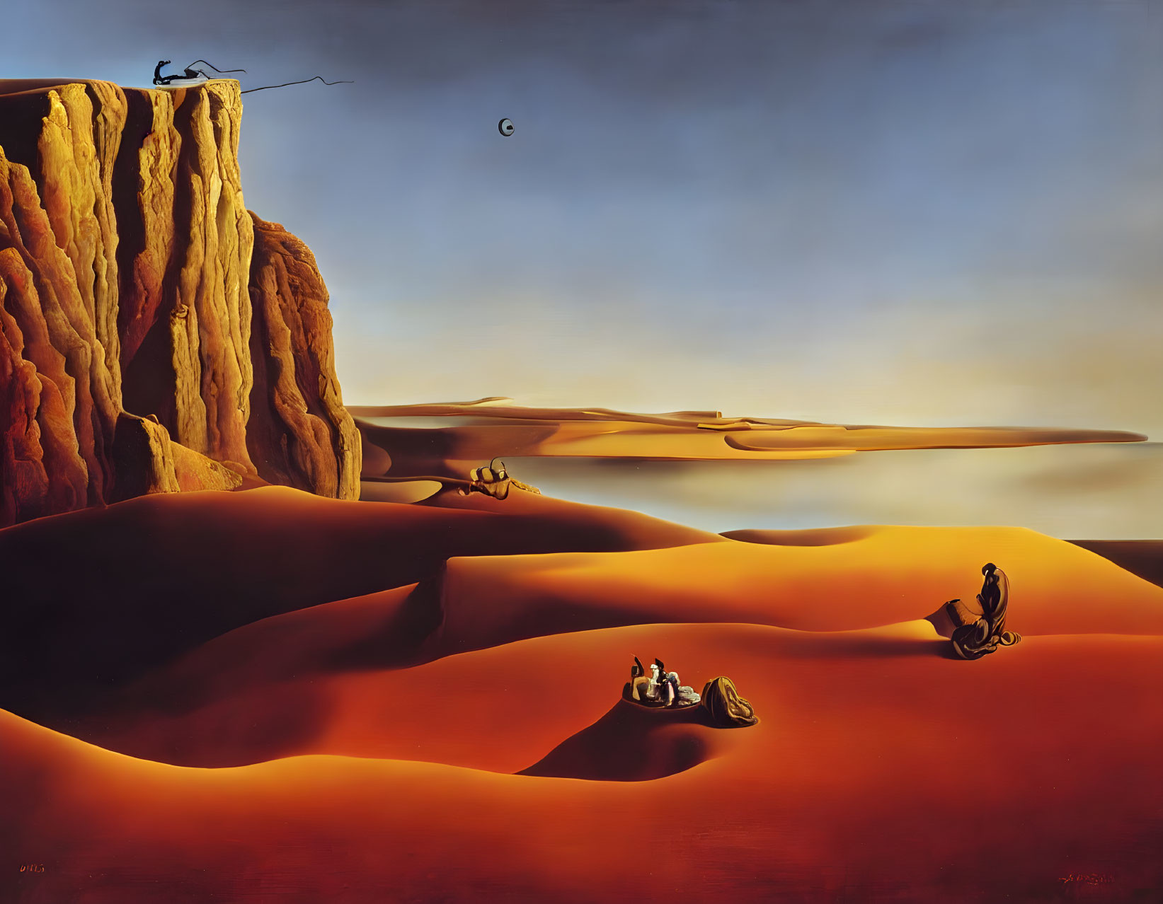 Vibrant orange surreal desert landscape with fisherman, lone tree, sea, and grand piano