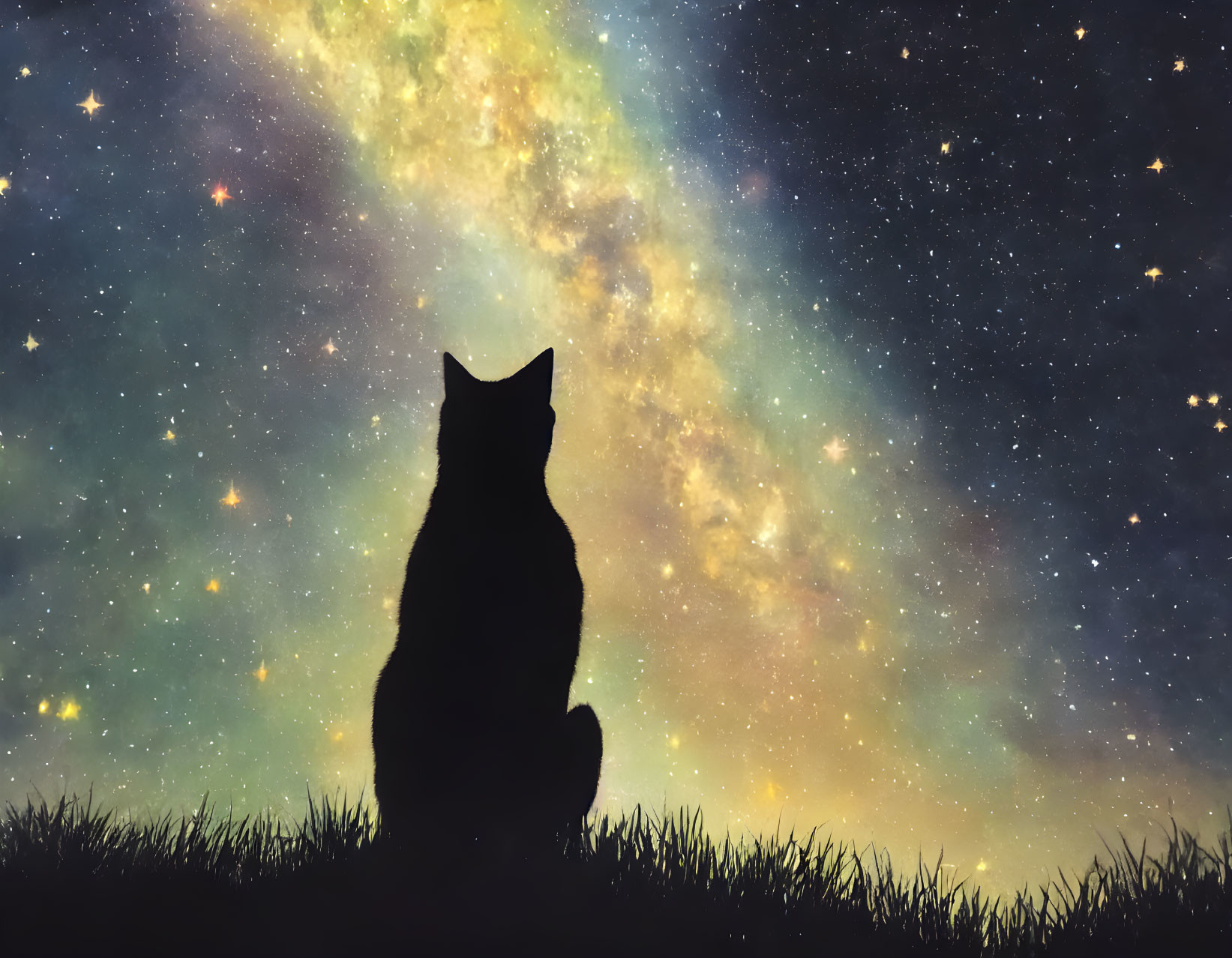 Cat silhouette on grass under colorful starry sky