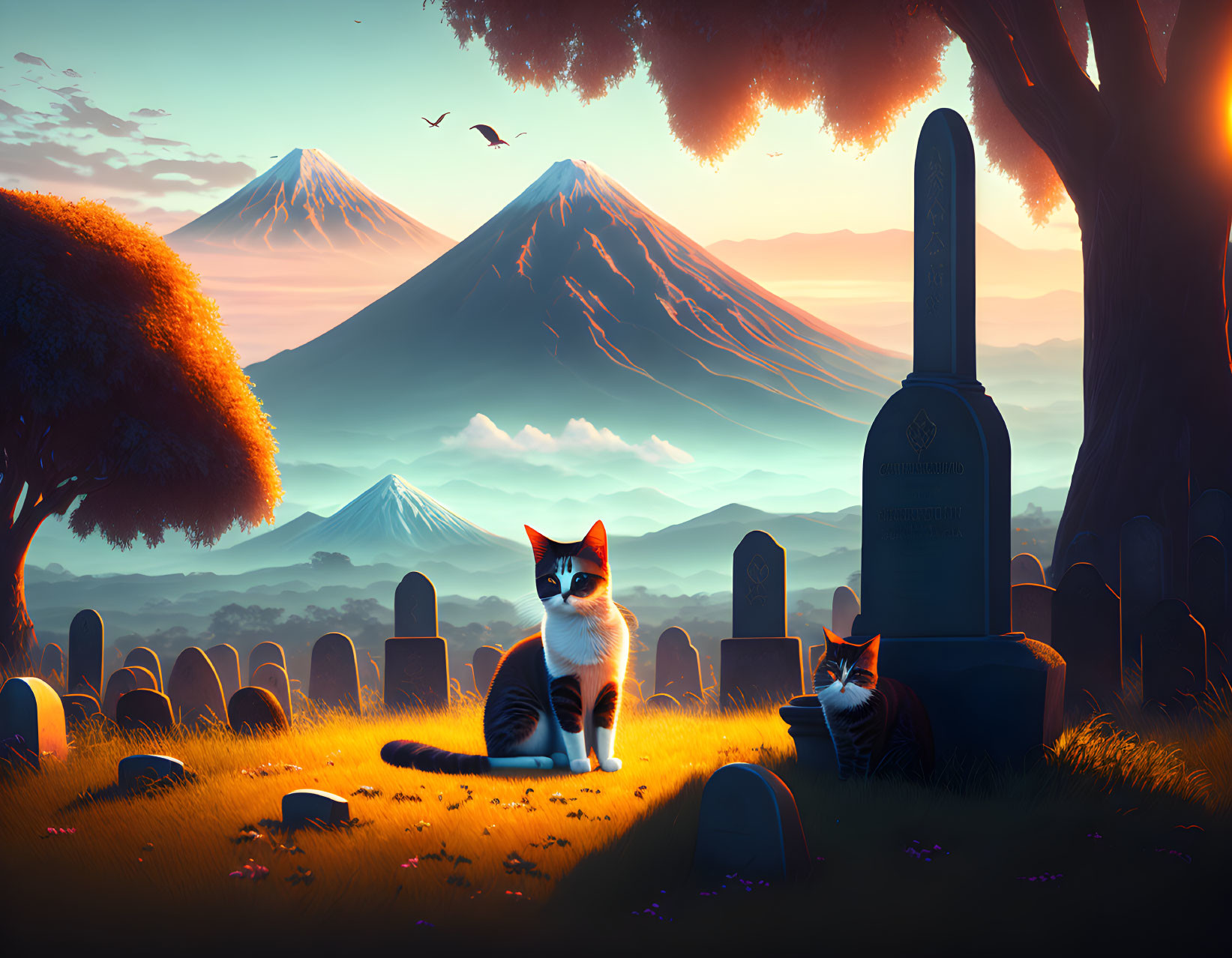 Sunset cemetery scene with cats, orange tree, and mountains