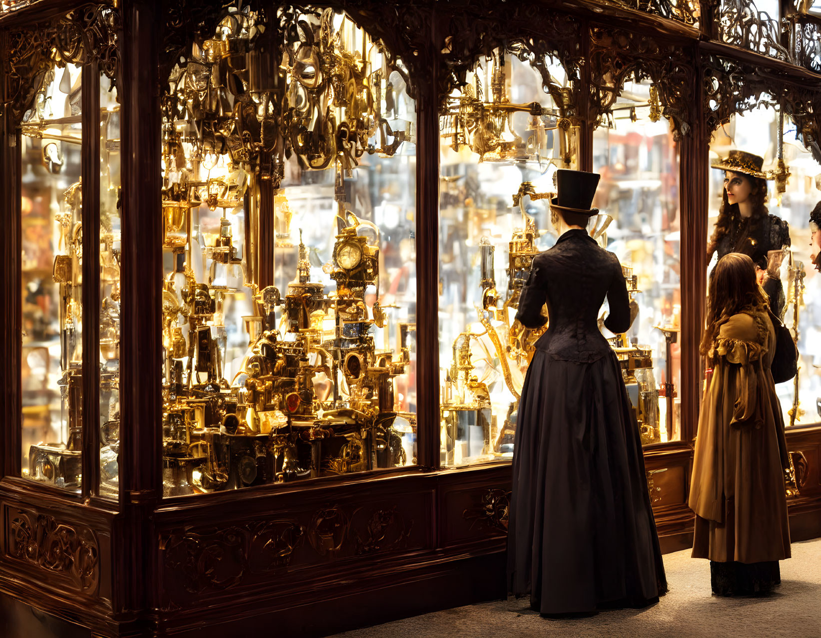 Three people in period attire admiring ornate golden items in shop window at night