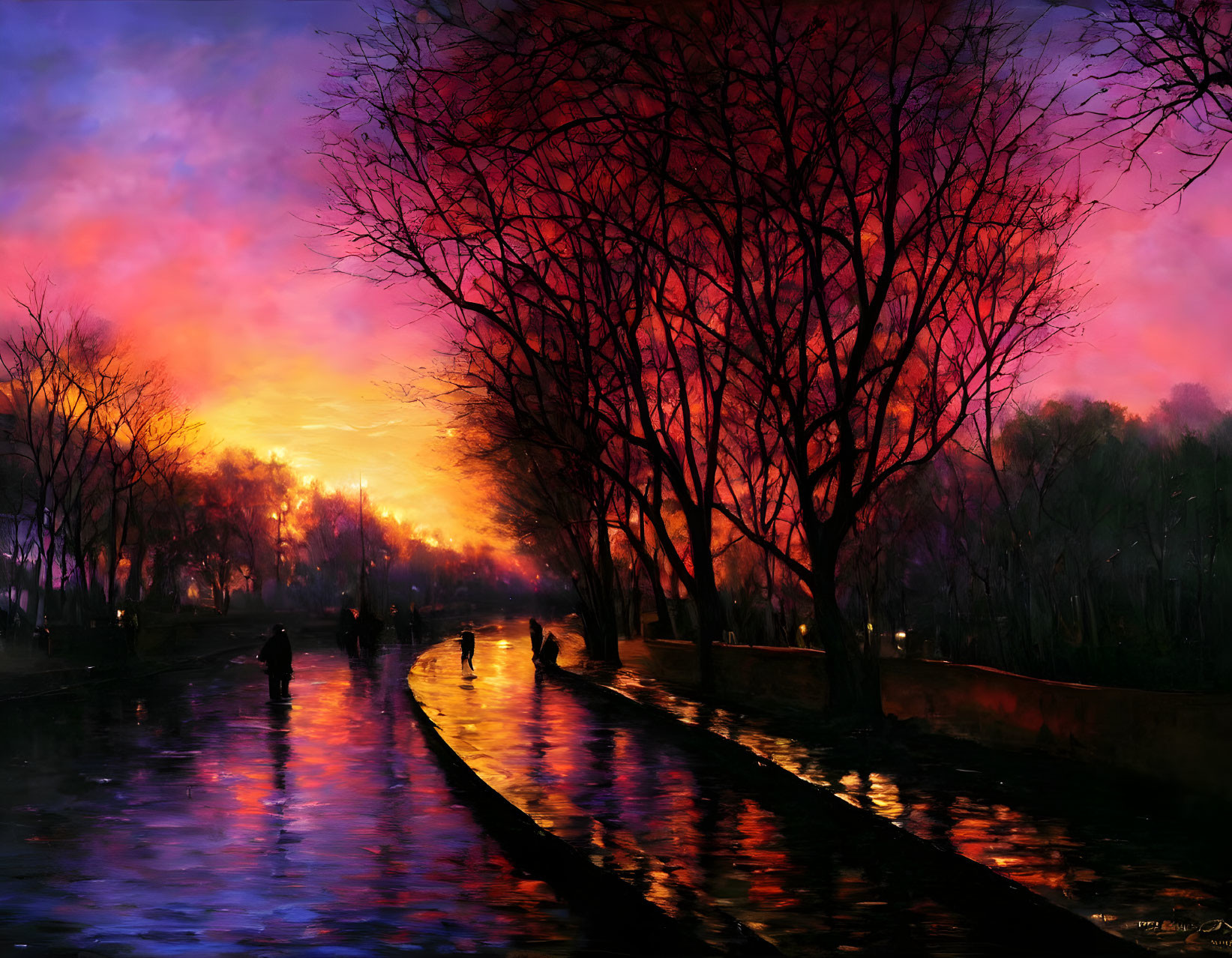 Vivid sunset painting: silhouetted figures, trees, reflective waterway, purple, pink