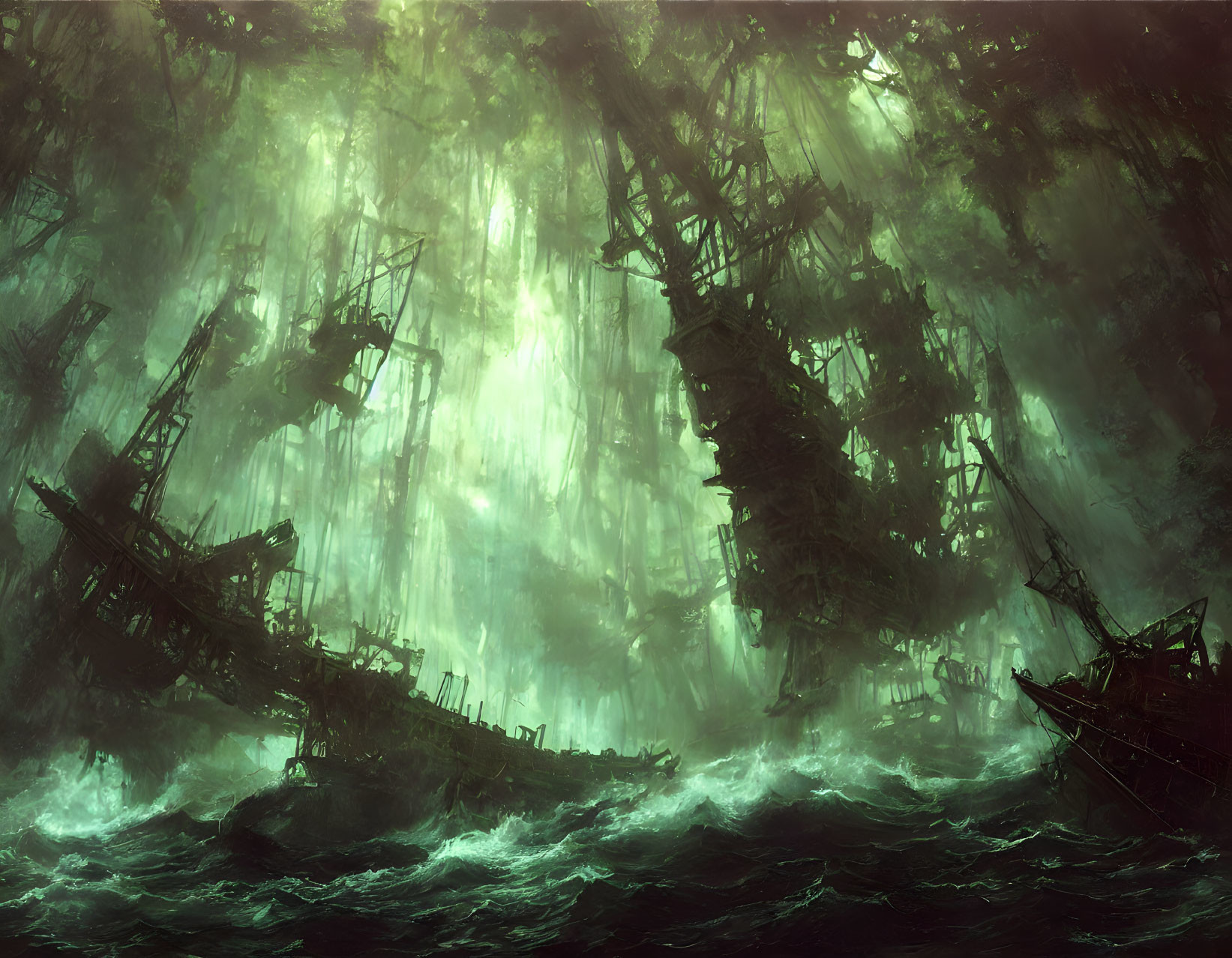 Eerie green-lit landscape with sunken ships in forest roots