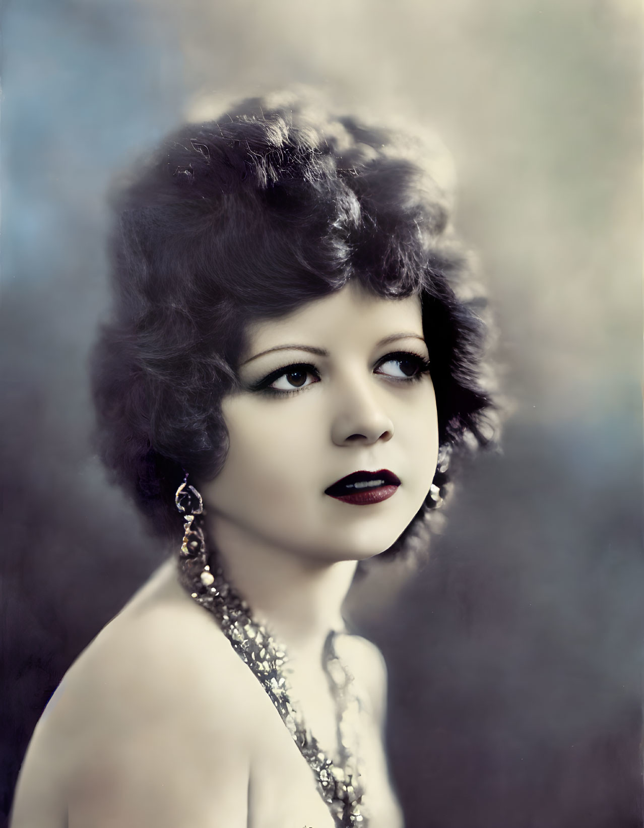 Vintage Portrait of Woman with Curly Hair and Glamorous Jewelry