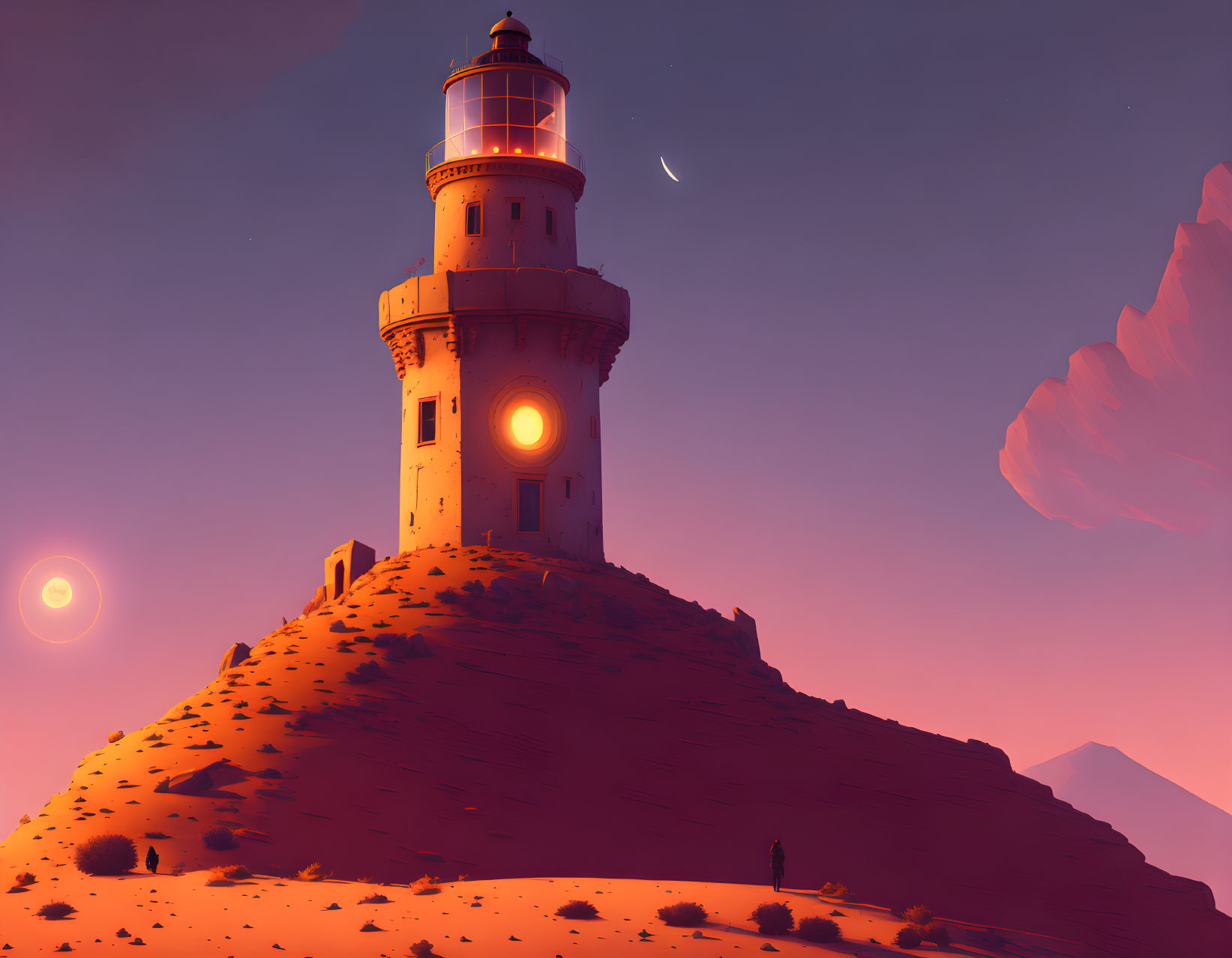 Lighthouse on hill at dusk with two moons, figure approaching